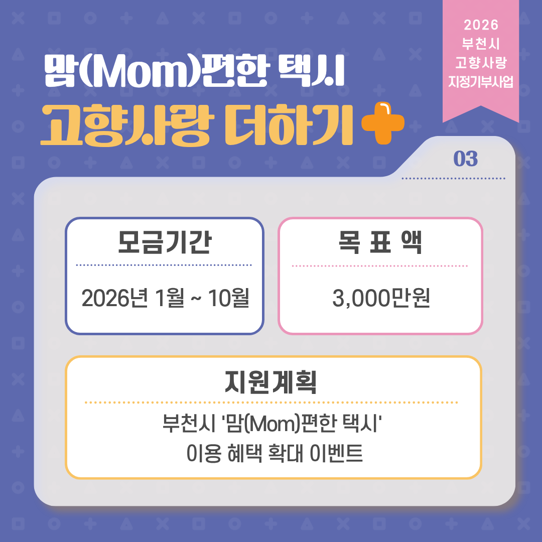 2026 부천시 고향사랑 지정기부사업 맘(Mom)편한 택시 고향사랑더하기+ 03 모금기간 2026년 1월 ~ 10월 목표액 3,000만원 지원계획 부천시 '맘(Mom)편한 택시' 이용 혜택 확대 이벤트
