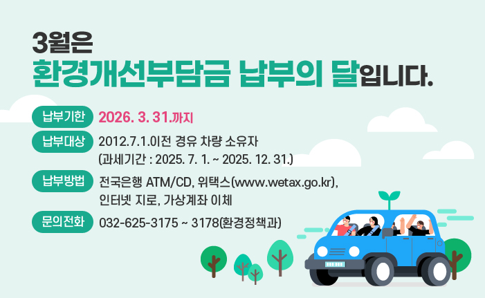 3월은환경개선부담금 납부의 달입니다. 납부기한 : 2026. 3. 31.까지 납부대상 : 2012.7.1.이전 경유 차량 소유자 (과세기간 : 2025. 7. 1. ~ 2025. 12. 31.) 납부방법 : 전국은행 ATM/CD, 위택스(www.wetax.go.kr), 인터넷 지로, 가상계좌 이체 문의전화 : 032-625-3175 ~ 3178(환경정책과)