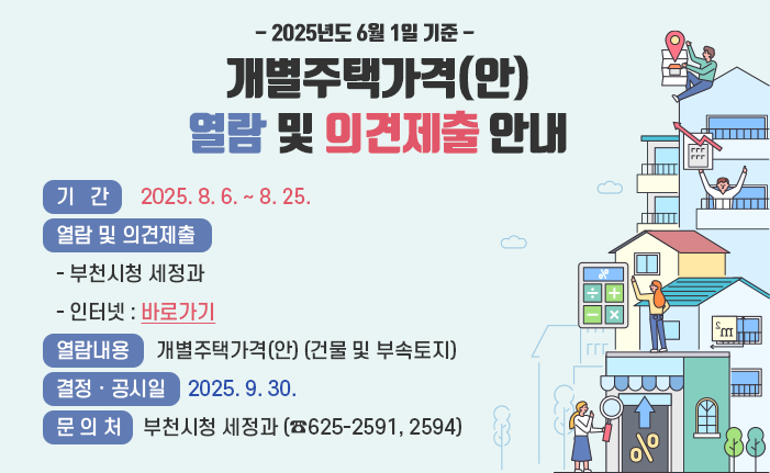- 2025년도 6월 1일 기준 - 개별주택가격(안) 열람 및 의견제출 안내 〇 기 간 : 2025. 8. 6. ~ 8. 25. 〇 열람 및 의견제출 - 부천시청 세정과 - 인터넷 : 바로가기 〇 열람내용 : 개별주택가격(건물 및 부속토지) 〇 결정.공시일 : 2025. 9. 30. 〇 문 의 처 : 부천시청 세정과 (☎625-2591, 2594)