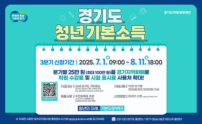 변화의 중심 기회의 경기 경기도미래세대재단 경기도 청년 기본소득 3분기 신청기간 | 2025. 7. 1. 09:00 ~ 8.11.18:00 분기별 25만 원 (최대 100만 원)을 경기지역화폐로 학원 수강료 및 시험 응시료 사용처 확대! 지급대상 |24세 경기도 거주청년 (경기도 3년이상 계속 거주한 경우 또는 합산하여 10년이상 거주한 경우) 제출서류|주민등록표 초본 (신청기간 내 발급본 또는 공공마이데이터 자동 제출) 지원내용 | 1인당 분기별 25만원(최대 100만원) 지급 신청방법 |온라인 신청 (apply.jobaba.net) 청년의 미래, 기본으로부터! ※ 자세한 사항은 일자리지원사업 통합접수시스템 apply.jobaba.net을 참고하세요 031-120 (경기도 콜센터) /1877-0566 (청년기본소득 콜센터) 