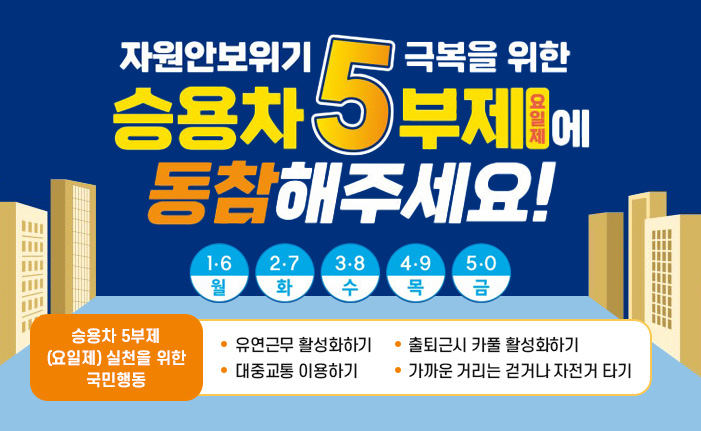 자원안보위기 극복을 위한 승용차 5부제(요일제)에 동참해주세요! 1·6 월, 2·7 화, 3·8 수, 4·9 목, 5·10 금 승용차 5부제(요일제) 실천을 위한 국민행동 유연근무 활성화하기 출퇴근시 카풀 활성화하기 대중교통 이용하기 가까운 거리는 걷거나 자전거 타기