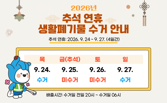 2026년 추석연휴 생활폐기물 수거 안내 추석 연휴: 2026. 9.24 ~ 9. 27. (4일간) 목 9월24일 수거 금(추석) 9월25일 미수거 토 9월26일 미수거 일 9월27일 수거 배출시간: 수거일 전일 20시 ~ 수거일 06시