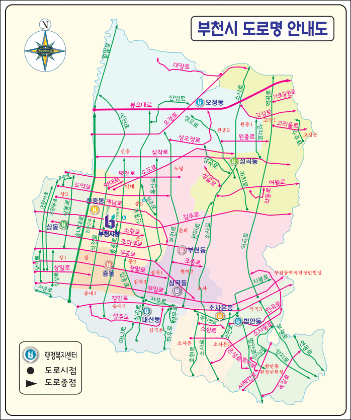 부천시 도로명 안내도-부천 마크는 행정복지센터 , 동그라미는 도로시점, 화살표는 도로종점, 도로라인이 표시된 지도. 범례 빨간색 라인 (대로), 녹색라인 (로)