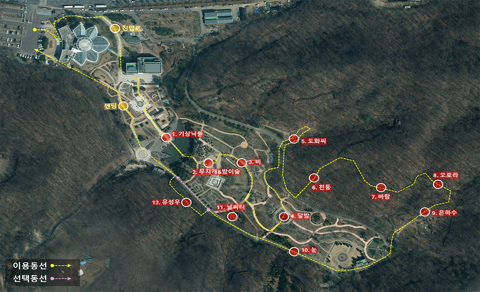 동선 구분: 노란색 점선은 '이용 동선' 보라색 점선은 '선택 동선' 진입로 및 엔딩 : 산책로의 시작과 끝 지점을 나타냅니다. 주요 코스 및 테마: 1.기상낙원, 2무지개&밤이슬, 3.비, 4.달밤, 5.도화씨, 6.천둥, 7.바람, 8.오로라, 9.은하수, 10.눈, 11날씨터 12.유성우