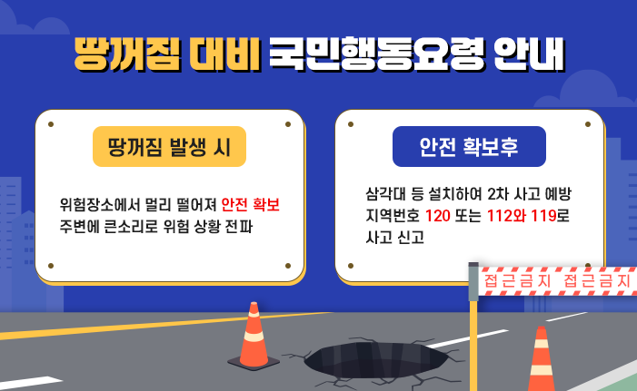 땅꺼짐 발생 시 위험장소에서 멀리 떨어져 안전 확보 주변에 큰소리로 위험 상황 전파 안전 확보후 삼각대 등 설치하여 2차 사고 예방 지역번호 120 또는 112와 119로 사고 신고
