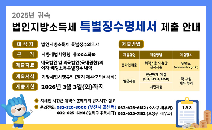 2025년 귀속 법인지방소득세 특별징수명세서 제출 안내 대상자 : 법인지방소득세 특별징수의무자 근거 : 지방세법시행령 제100조의19 제출자료 : 내국법인 및 외국법인(국내원천)의 이자·배당소득 특별징수 내역 제출서식 : 지방세법시행규칙 [별지 제42호의4 서식] 제출기한 : 2026년 3월 3일(화)까지 제출방법 제출유형 제출방법 제출장소 온라인제출 위택스를 이용한 전자제출 위택스(www.wetax.go.kr) 방문제출 전산매체 제출(CD, DVD, USB) 서면제출 각 구청 세무 부서 자세한 사항은 위택스 홈페이지 공지사항 참고 문의전화: 032-320-3000 (부천시 콜센터) 032-625-6182 (소사구 세무과) 032-625-5214 (원미구 취득세과) 032-625-7182 (오정구 세무과)