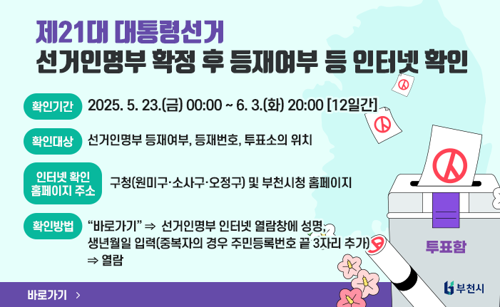 제21대 대통령선거 선거인명부 확정 후 등재여부 등 인터넷 확인 ○ 확인기간 : 2025. 5. 23.(금) 00:00 ~ 6. 3.(화) 20:00 [12일간] ○ 확인대상 : 선거인명부 등재여부, 등재번호, 투표소의 위치 ○ 인터넷 확인 홈페이지 주소 : 구청(원미구·소사구·오정구) 및 부천시청 홈페이지 ○ 확인방법 : “바로가기” ⇒ 선거인명부 인터넷 열람창에 성명, 생년월일 입력(중복자의 경우 주민등록번호 끝 3자리 추가) ⇒ 열람