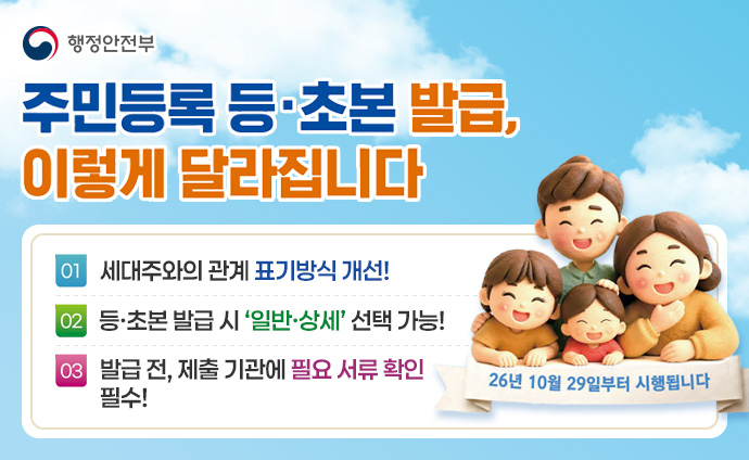 주민등록 등·초본 발급, 이렇게 달라집니다 26년 10월 29일부터 시행됩니다 01. 세대주와의 관계 표기방식 개선! 02. 등·초본 발급 시 ‘일반·상세’ 선택 가능! 03. 발급 전, 제출 기관에 필요 서류 확인 필수!