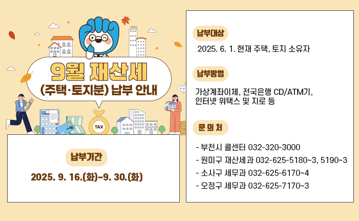 9월은 재산세(주택2기분, 토지) 납부의 달입니다. ○ 납부기간: 2025. 9. 16.(화)~9. 30.(화) ○ 납부대상: 2025. 6. 1. 현재 주택, 토지 소유자 ○ 납부방법: 가상계좌이체, 전국은행 CD/ATM기, 인터넷 위택스 및 지로 등 ○ 문 의 처 - 부천시 콜센터 032-320-3000 - 원미구 재산세과 032-625-5180~3, 5190~3 - 소사구 세무과 032-625-6170~4 - 오정구 세무과 032-625-7170~3 